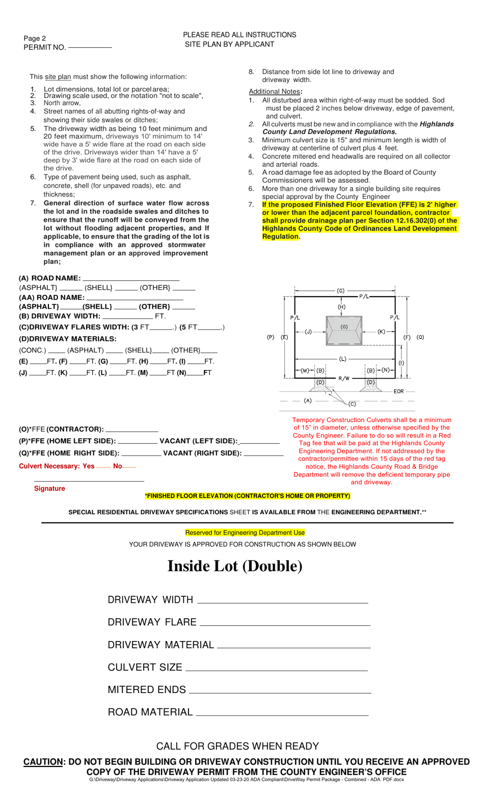 Right-Of-Way Construction Permit Application - Highlands County, Florida, Page 3
