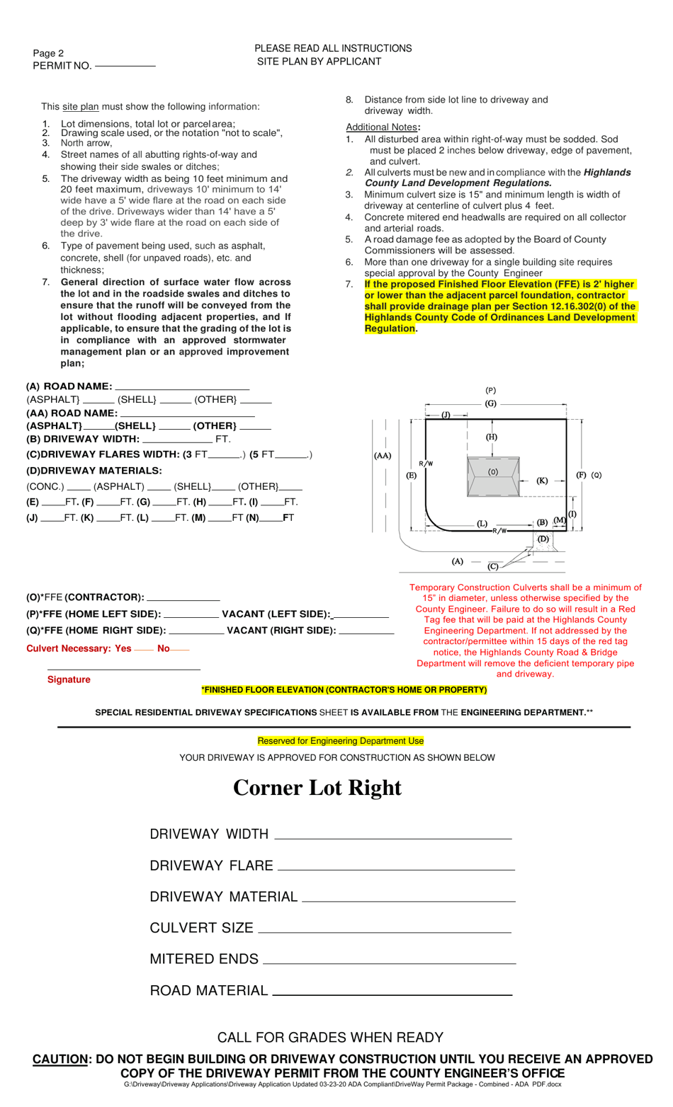 Right-Of-Way Construction Permit Application - Highlands County, Florida, Page 5