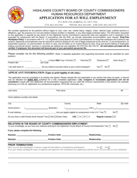 Application for at-Will Employment - Highlands County, Florida