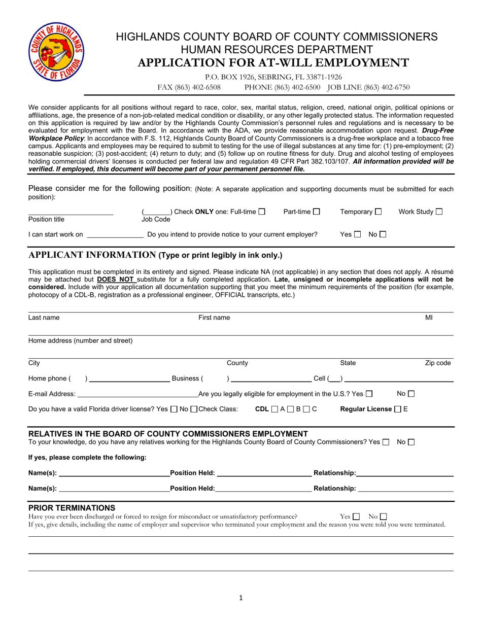 Application for at-Will Employment - Highlands County, Florida, Page 1
