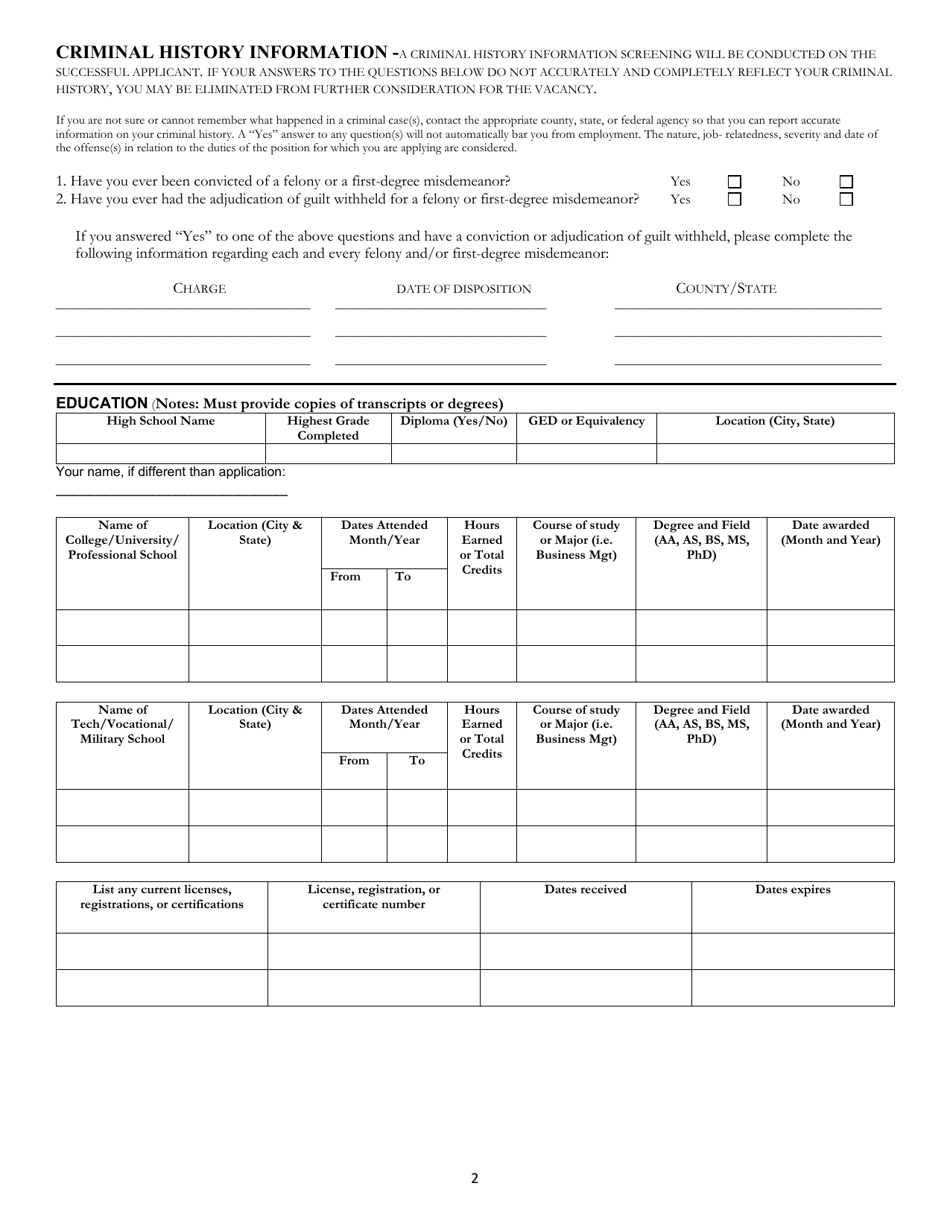 Application for at-Will Employment - Highlands County, Florida, Page 2