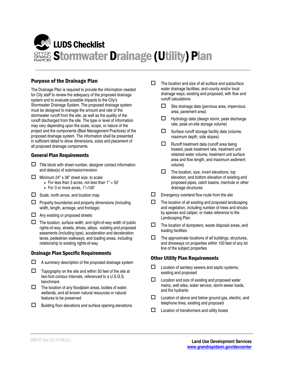 Form 50B-07 Luds Stormwater Drainage (Utility) Plan Checklist - City of Grand Rapids, Michigan, Page 1