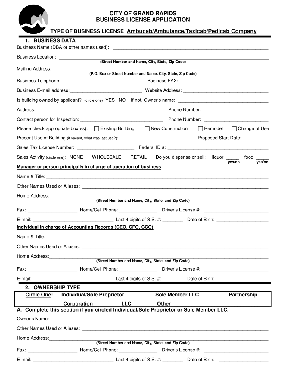 Business License Application - Ambucab / Ambulance / Taxicab / Pedicab Company - City of Grand Rapids, Michigan, Page 1