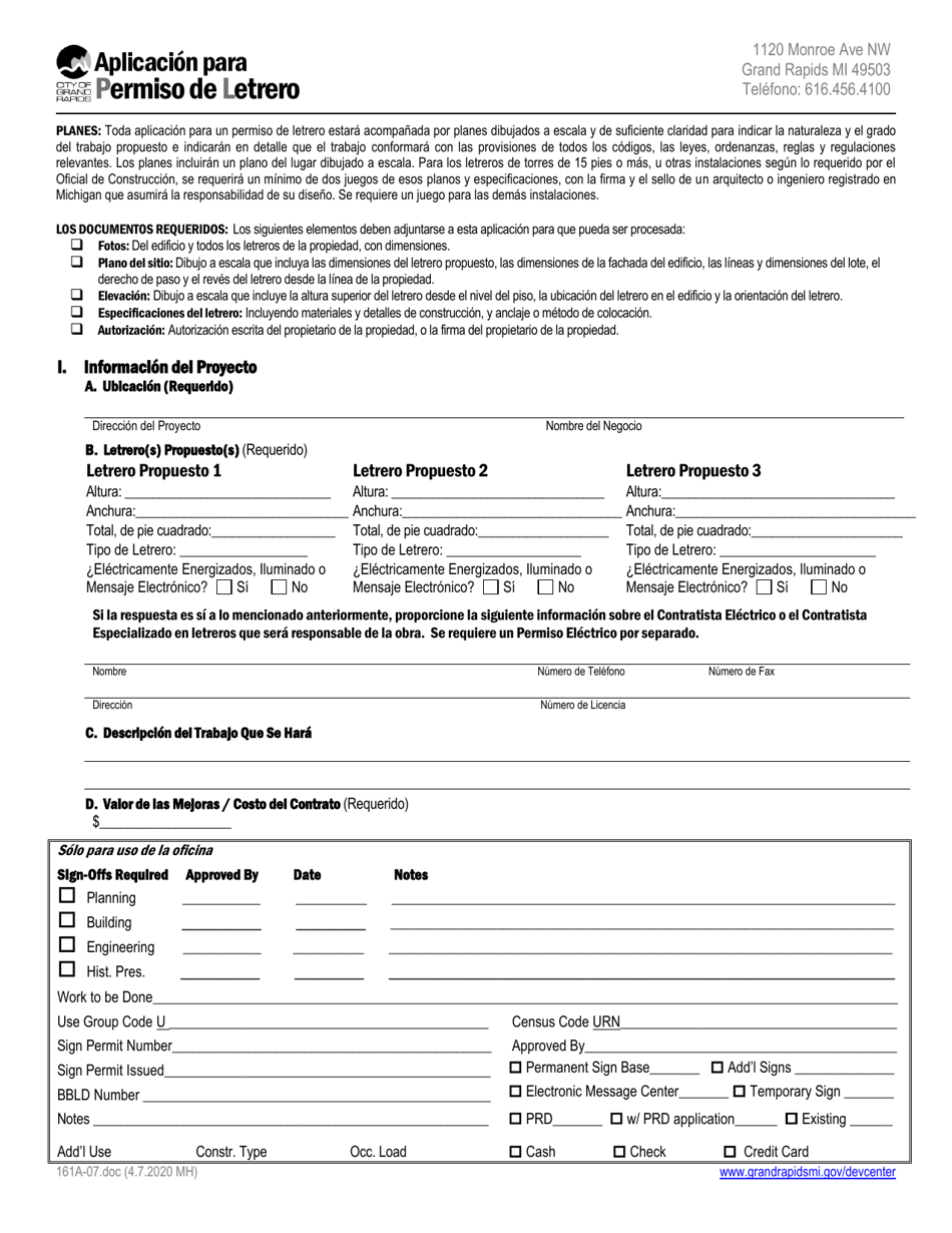 Formulario 161A-07 Aplicacion Para Permiso De Letrero - City of Grand Rapids, Michigan (Spanish), Page 1