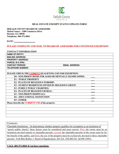 Document preview: Real Estate Exempt Status Update Form - DeKalb County, Georgia (United States)