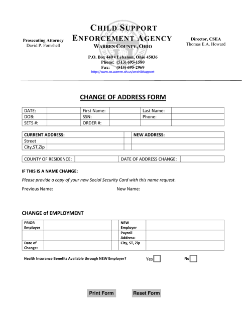 Change of Address Form - Warren County, Ohio Download Pdf