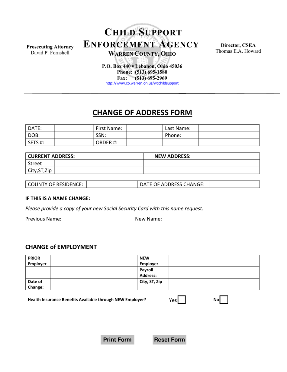 Change of Address Form - Warren County, Ohio, Page 1