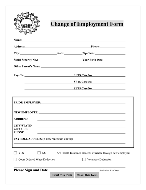 Change of Employment Form - Warren County, Ohio Download Pdf