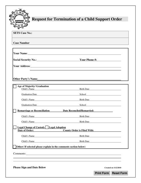Request for Termination of a Child Support Order - Waren County, Ohio Download Pdf