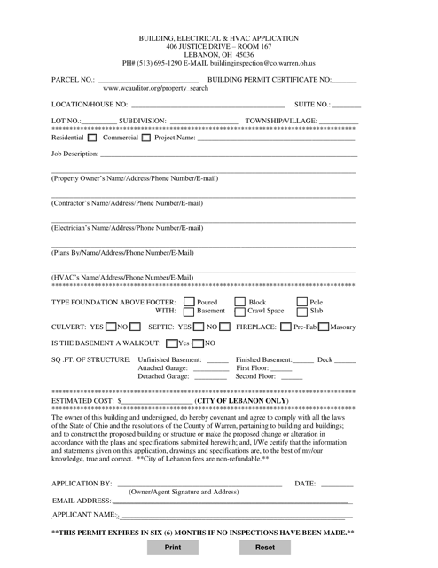 Warren County, Ohio Building, Electrical & HVAC Application - Fill Out ...