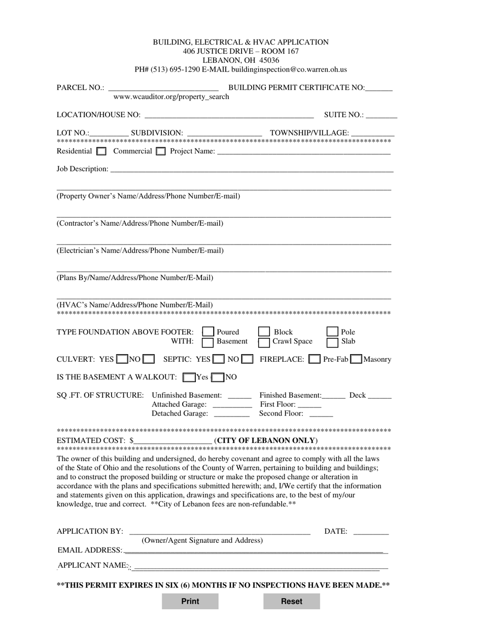 Warren County, Ohio Building, Electrical & HVAC Application Fill Out