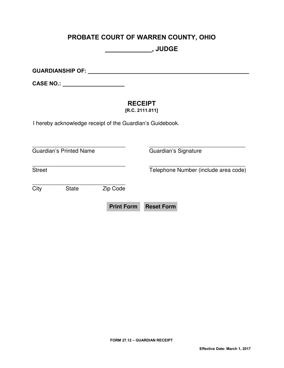 Form 27.12 Guardian Receipt - Warren County, Ohio, Page 1