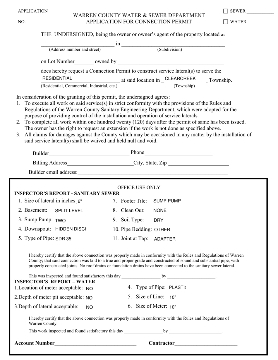 Application for Connection Permit - Warren County, Ohio, Page 1