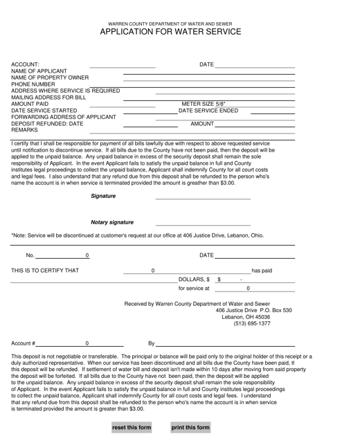 Application for Water Service - Warren County, Ohio Download Pdf