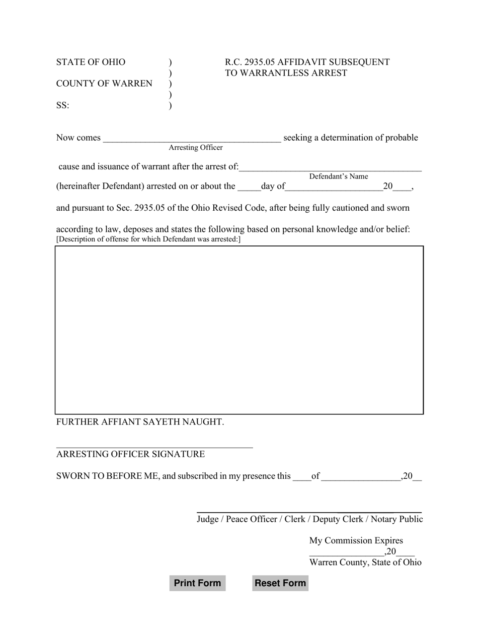 R.c. 2935.05 Affidavit Subsequent to Warrantless Arrest - Warren County, Ohio, Page 1