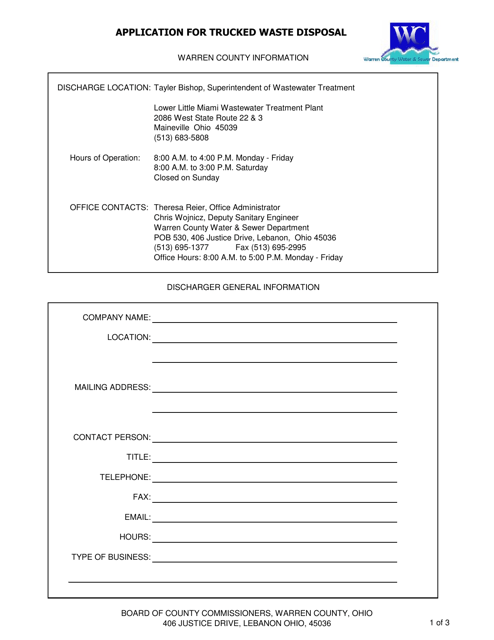 Application for Trucked Waste Disposal - Warren County, Ohio