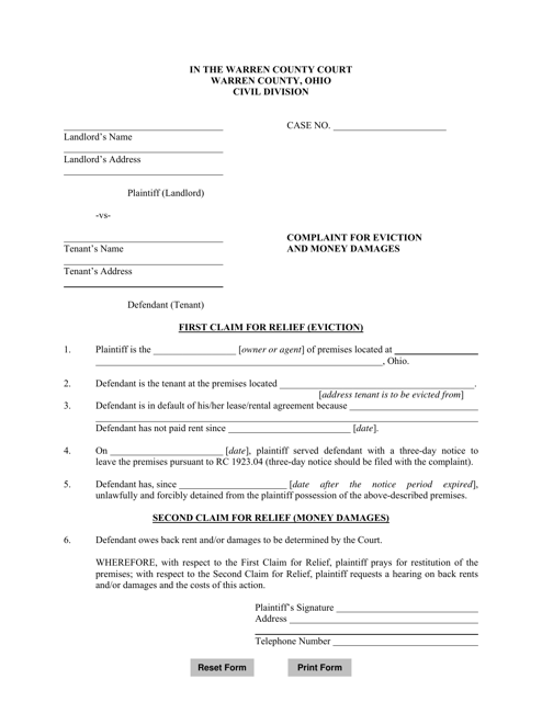 Complaint for Eviction and Money Damages - Warren County, Ohio Download Pdf