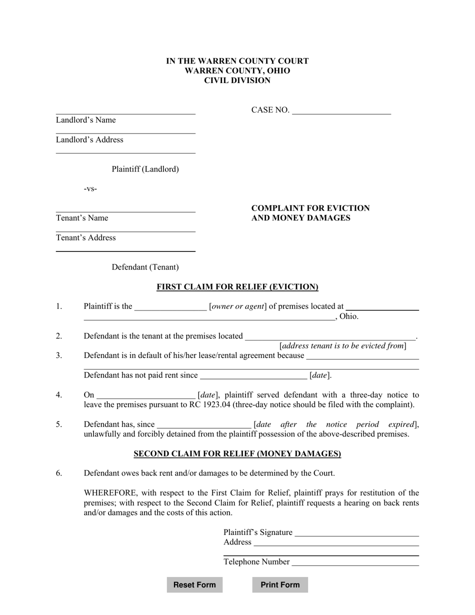 Complaint for Eviction and Money Damages - Warren County, Ohio, Page 1