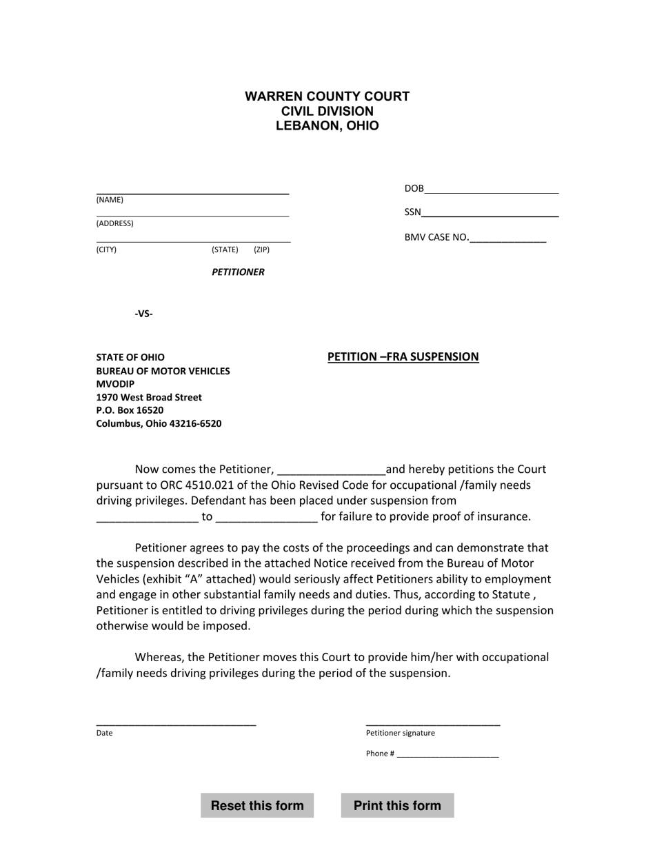 Petition - FRA Suspension - Warren County, Ohio, Page 1