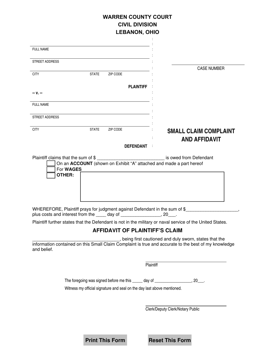 Small Claim Complaint and Affidavit - Warren County, Ohio, Page 1