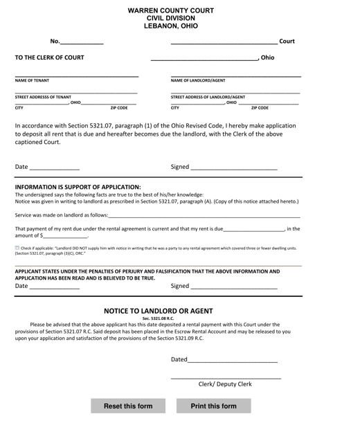 Application by Tenant to Deposit Rent With the Clerk - Warren County, Ohio Download Pdf