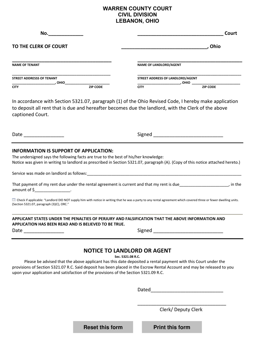 Application by Tenant to Deposit Rent With the Clerk - Warren County, Ohio, Page 1