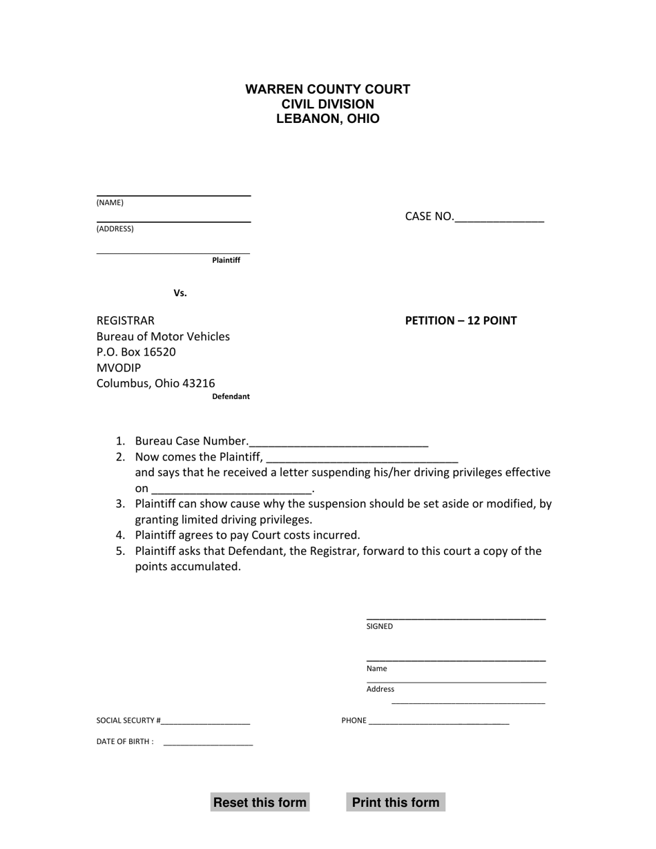 Petition - 12 Point - Warren County, Ohio, Page 1