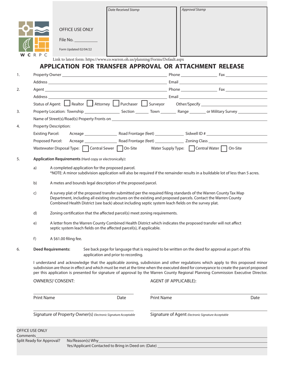 Application for Transfer Approval or Attachment Release - Warren County, Ohio, Page 1