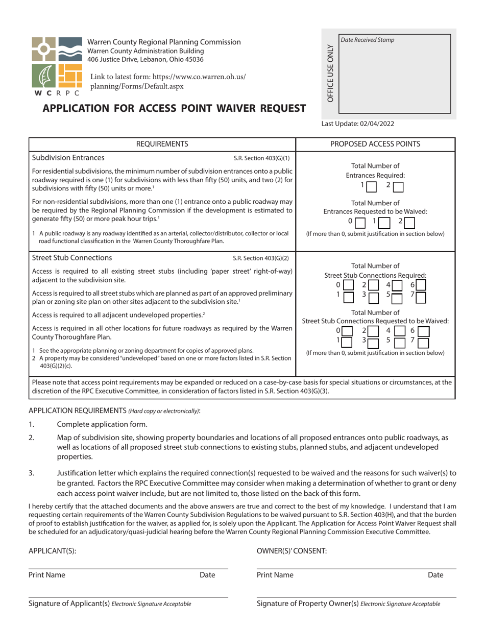 Application for Access Point Waiver Request - Warren County, Ohio, Page 1