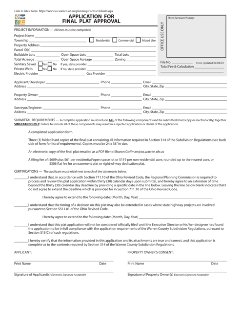 Application for Final Plat Approval - Warren County, Ohio Download Pdf