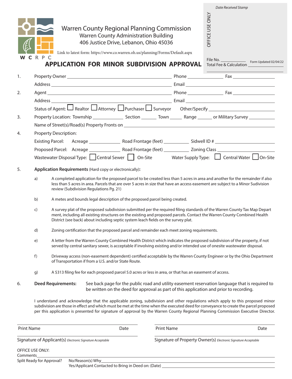 Application for Minor Subdivision Approval - Warren County, Ohio, Page 1