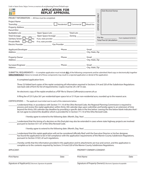 Application for Replat Approval - Warren County, Ohio Download Pdf