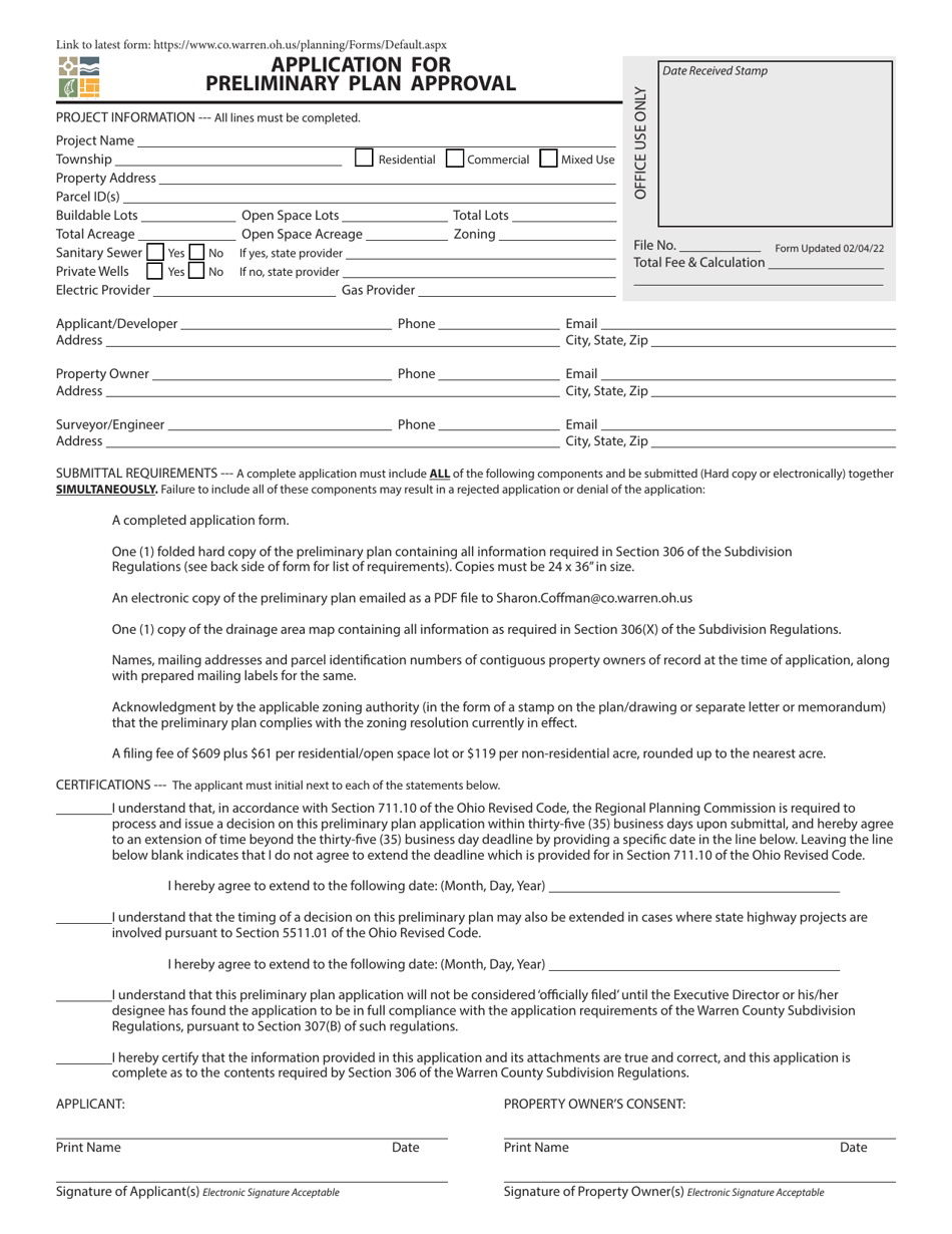 Warren County, Ohio Application for Preliminary Plan Approval - Fill ...