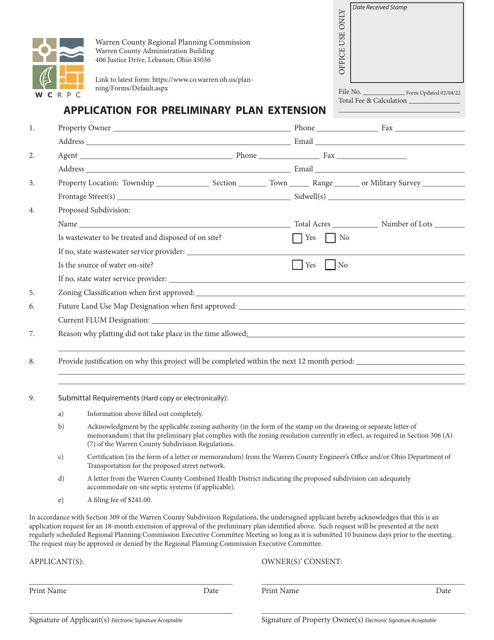 Application for Preliminary Plan Extension - Warren County, Ohio