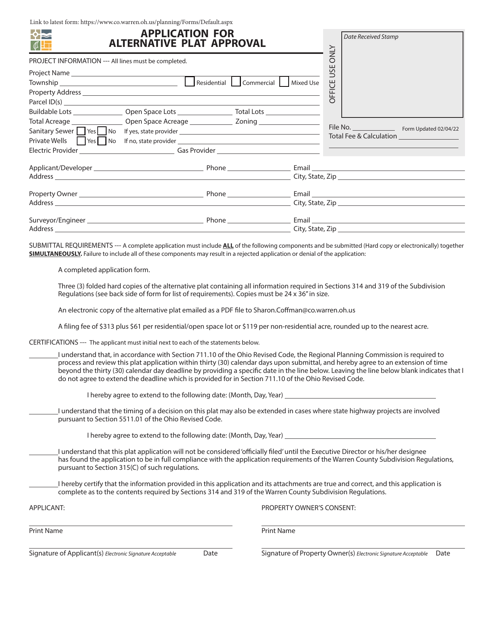 Application for Alternative Plat Approval - Warren County, Ohio Download Pdf