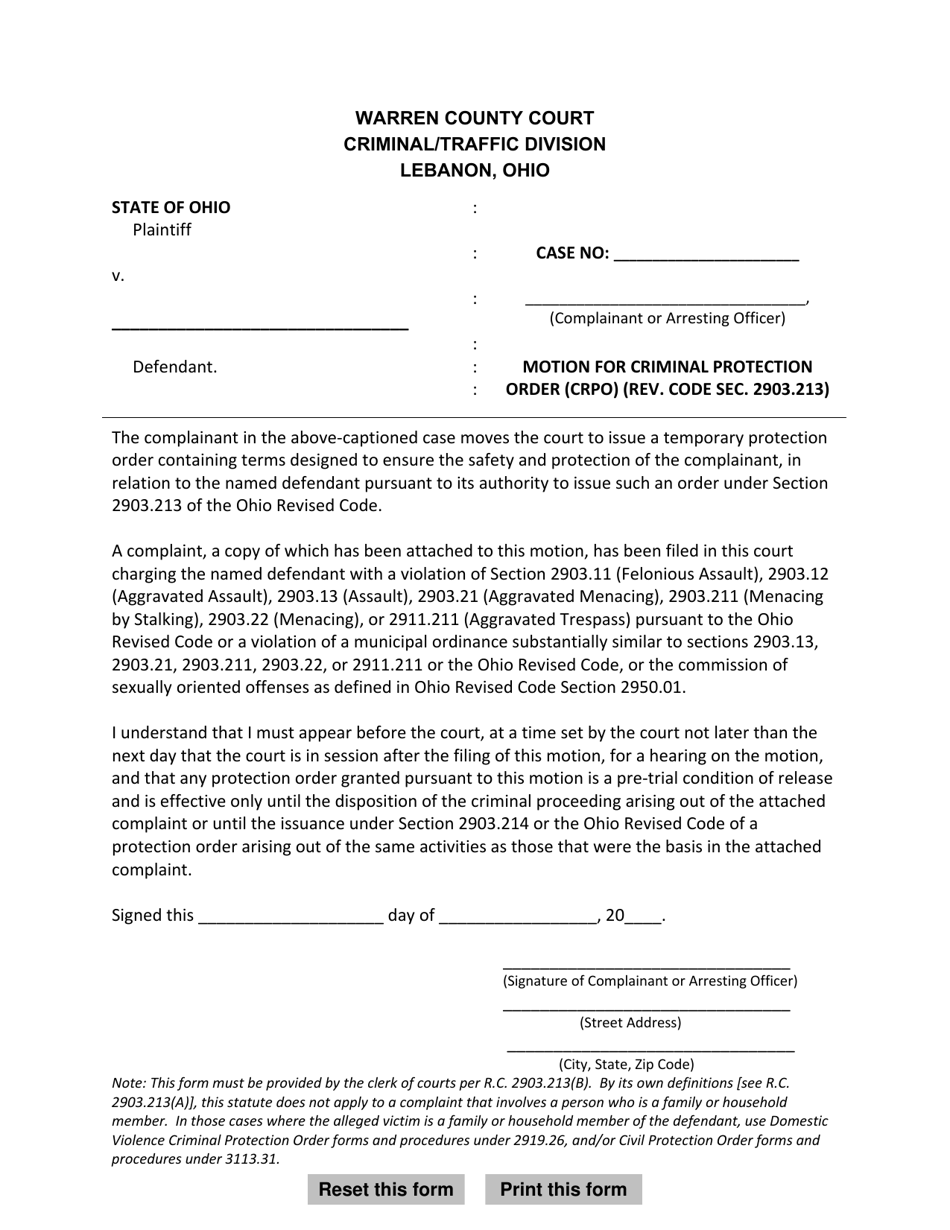 Motion for Criminal Protection Order (Crpo) (Rev. Code SEC. 2903.213) - Warren County, Ohio, Page 1