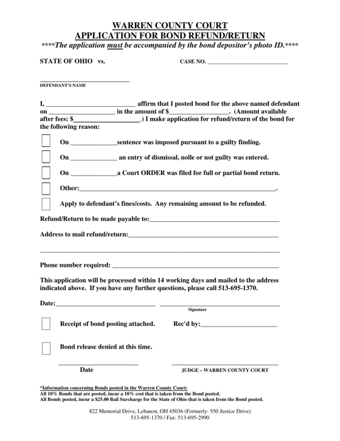 Application for Bond Refund / Return - Warren County, Ohio Download Pdf