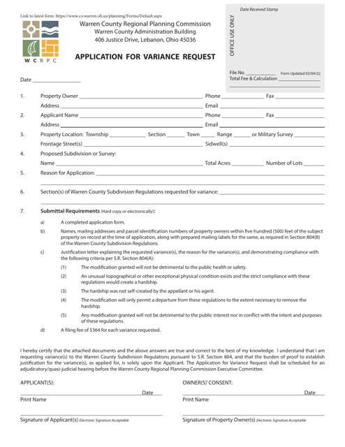 Application for Variance Request - Warren County, Ohio