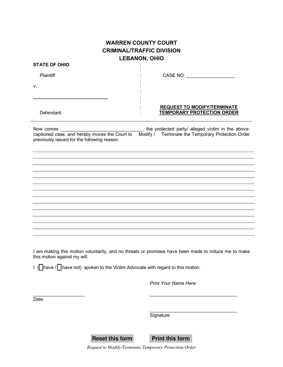 Request to Modify/Terminate Temporary Protection Order - Warren County, Ohio, Page 1