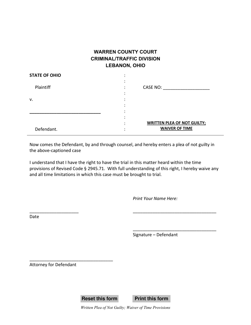 Written Plea of Not Guilty; Waiver of Time - Warren County, Ohio, Page 1