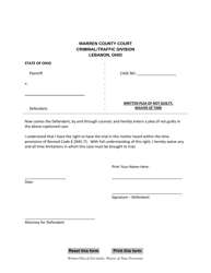 Document preview: Written Plea of Not Guilty; Waiver of Time - Warren County, Ohio