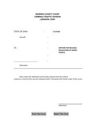 Document preview: Motion for Release/Relocation of Seized Vehicle - Warren County, Ohio