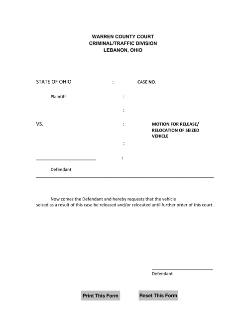 Motion for Release/Relocation of Seized Vehicle - Warren County, Ohio Download Pdf