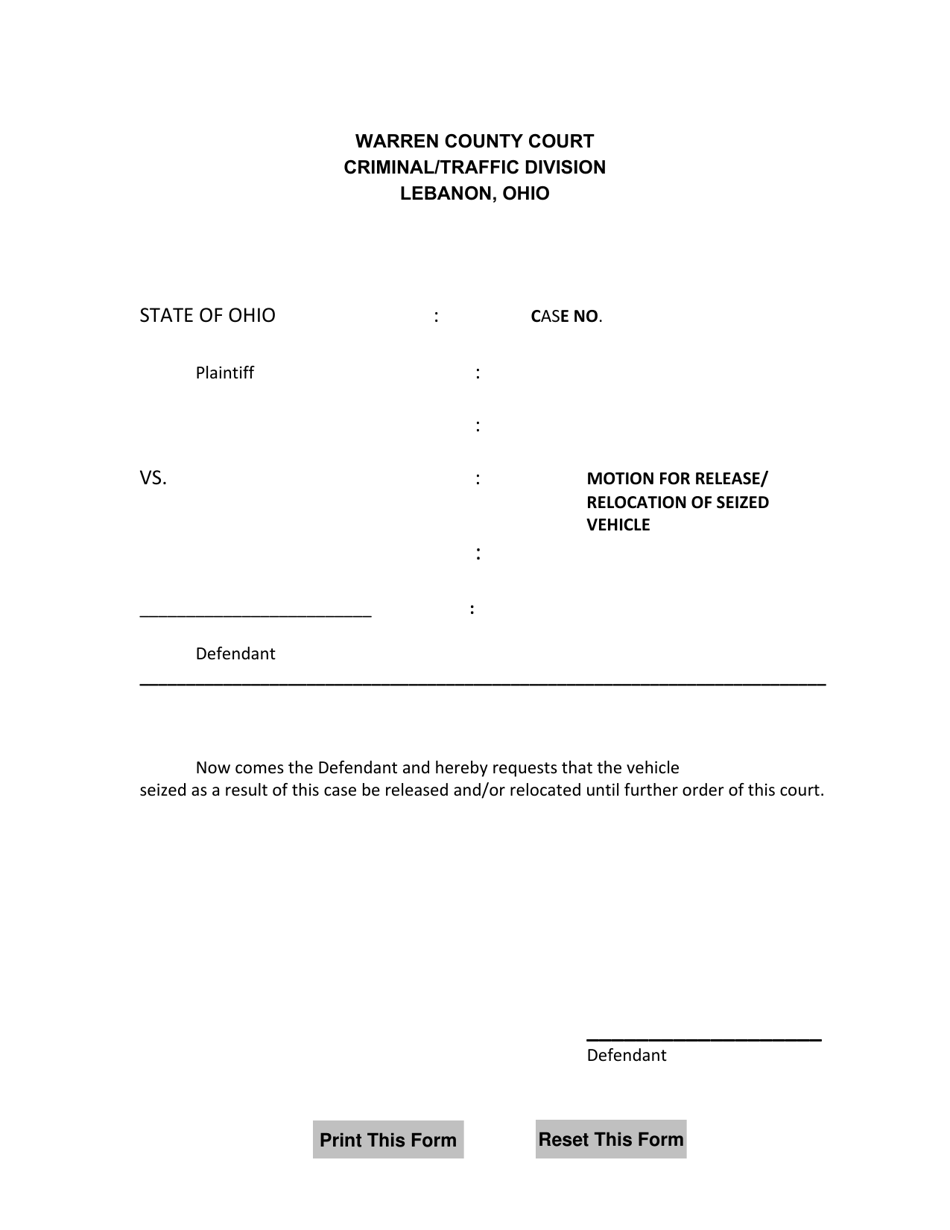 Motion for Release/Relocation of Seized Vehicle - Warren County, Ohio, Page 1