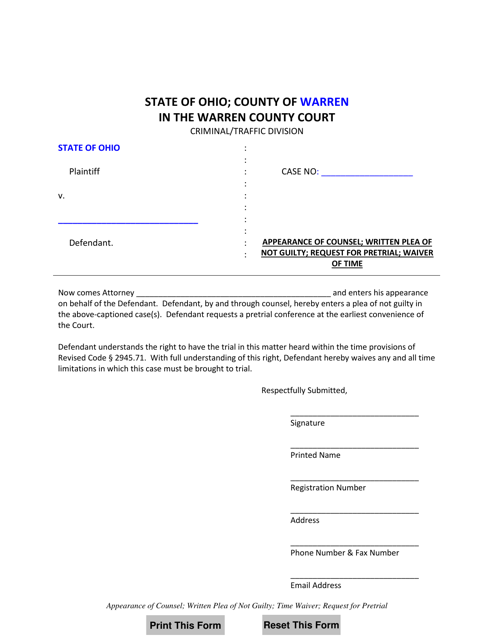 Appearance of Counsel; Written Plea of Not Guilty; Request for Pretrial; Waiver of Time - Warren County, Ohio