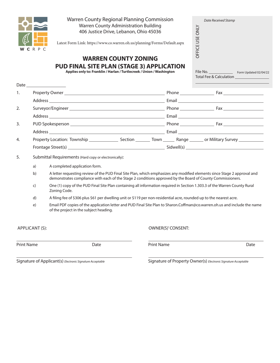 Warren County Zoning Pud Final Site Plan (Stage 3) Application - Warren County, Ohio, Page 1