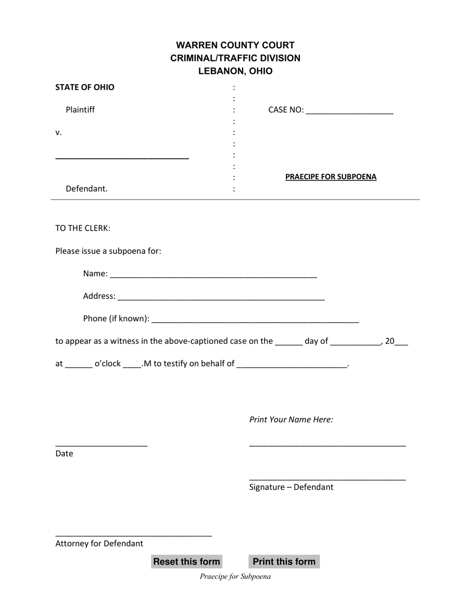 Praecipe for Subpoena - Warren County, Ohio, Page 1