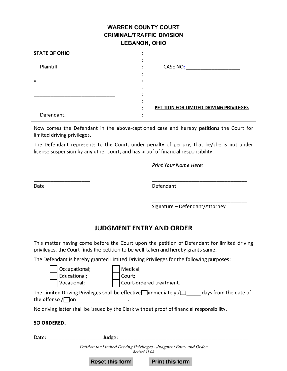 Petition for Limited Driving Privileges - Judgment Entry and Order - Warren County, Ohio, Page 1