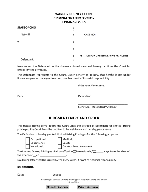 Petition for Limited Driving Privileges - Judgment Entry and Order - Warren County, Ohio Download Pdf