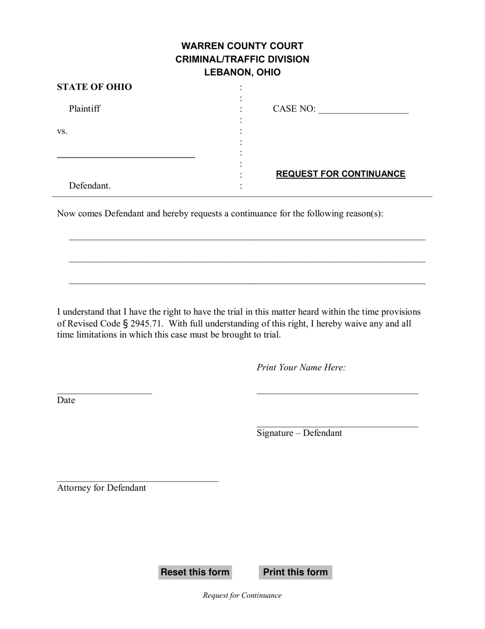 Warren County, Ohio Request for Continuance Download Fillable PDF ...